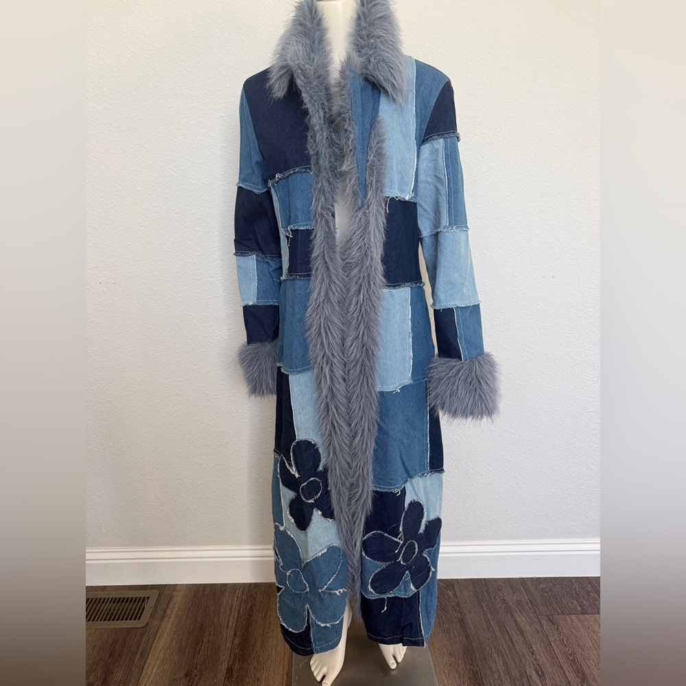 dELiA*s Blue Patchwork Coat with Gray Faux Fur